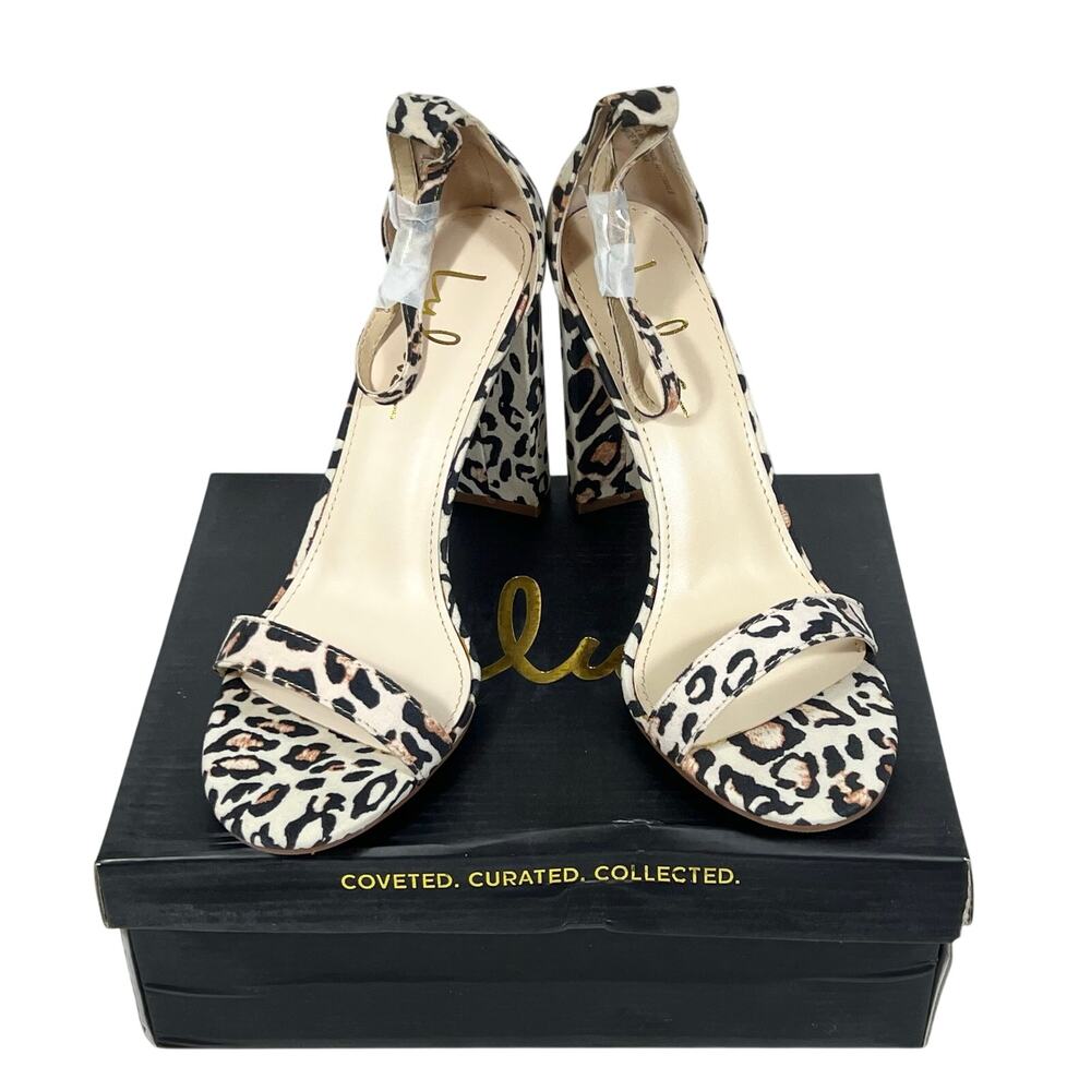 Lulus Taylor Block Heel Sandals Ankle Strap Open Toe Leopard Tan Suede 9
